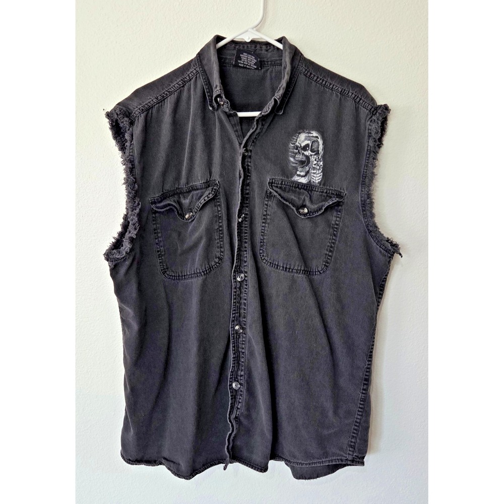 Bikers Edge Black Denim Sleeveless Button Vest Skull Assassin Graphic Mens XL